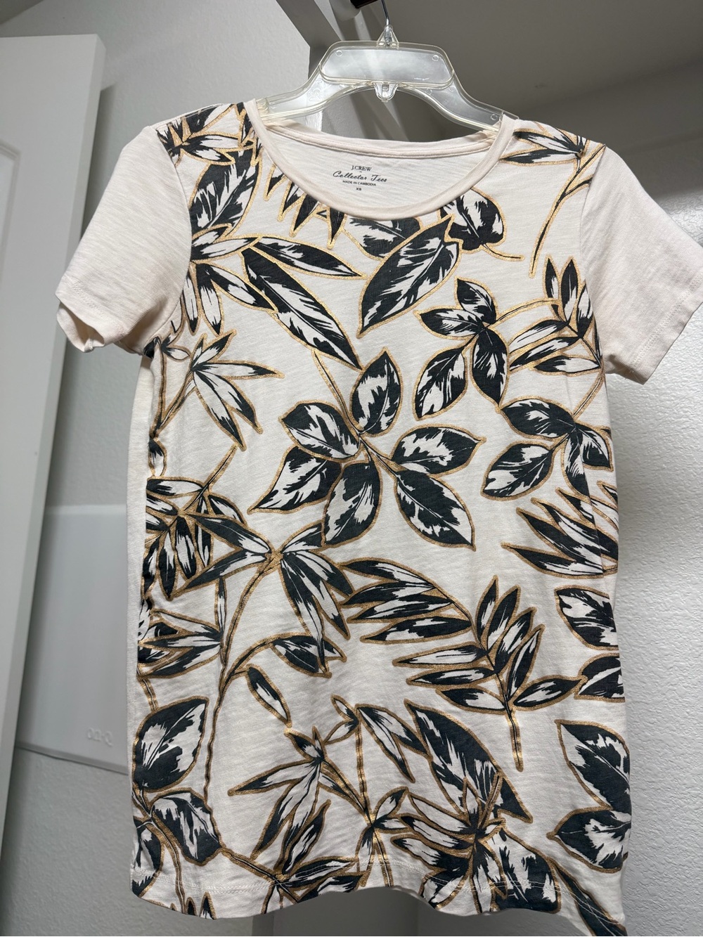 J. Crew Cream Short Sleeve Tee with Black and Gold Tropical Leaf Print